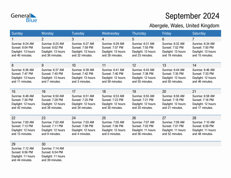 Abergele September 2024 sunrise and sunset calendar in PDF, Excel, and Word