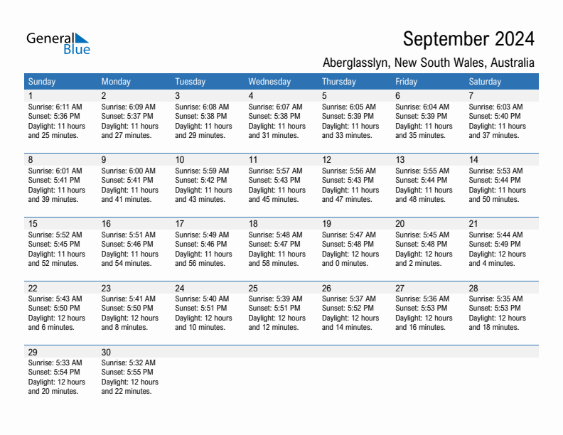 Aberglasslyn September 2024 sunrise and sunset calendar in PDF, Excel, and Word