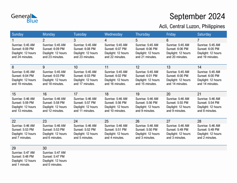 Acli September 2024 sunrise and sunset calendar in PDF, Excel, and Word