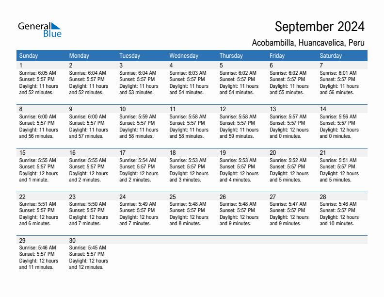 Acobambilla September 2024 sunrise and sunset calendar in PDF, Excel, and Word