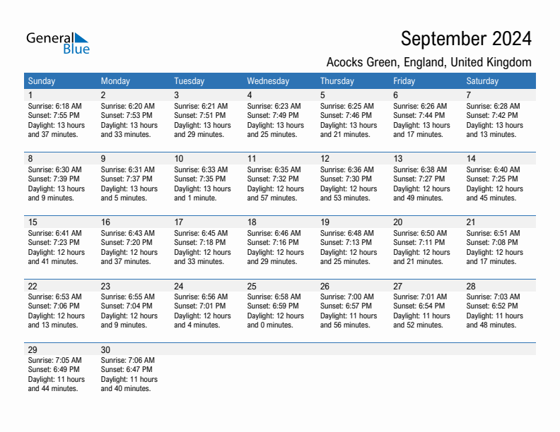 Acocks Green September 2024 sunrise and sunset calendar in PDF, Excel, and Word