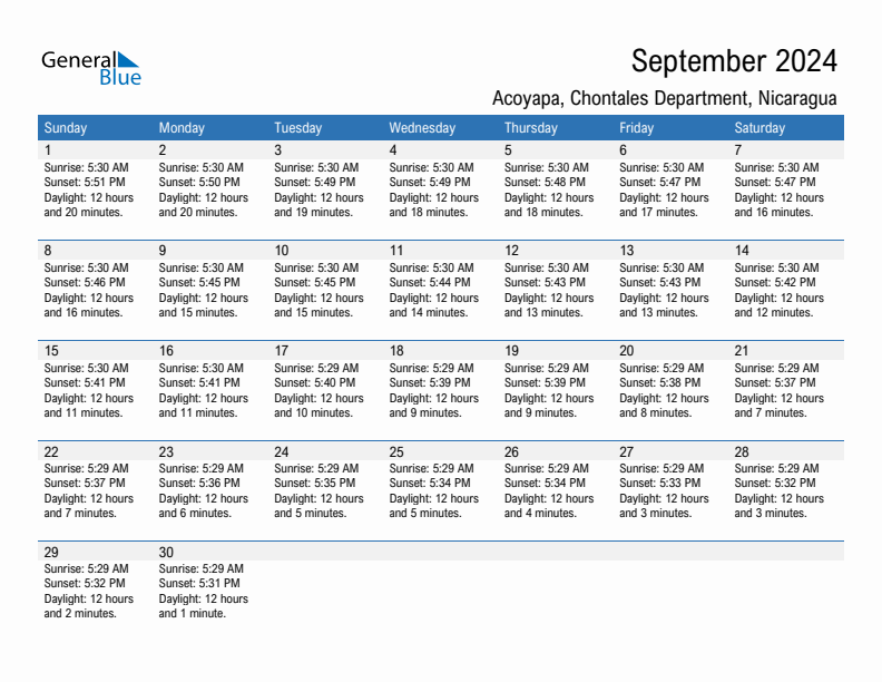 Acoyapa September 2024 sunrise and sunset calendar in PDF, Excel, and Word