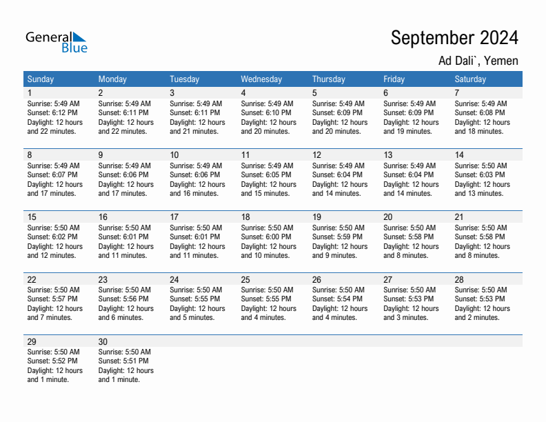 Ad Dali` September 2024 sunrise and sunset calendar in PDF, Excel, and Word