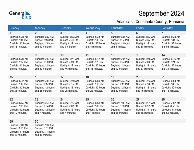 Adamclisi September 2024 sunrise and sunset calendar in PDF, Excel, and Word