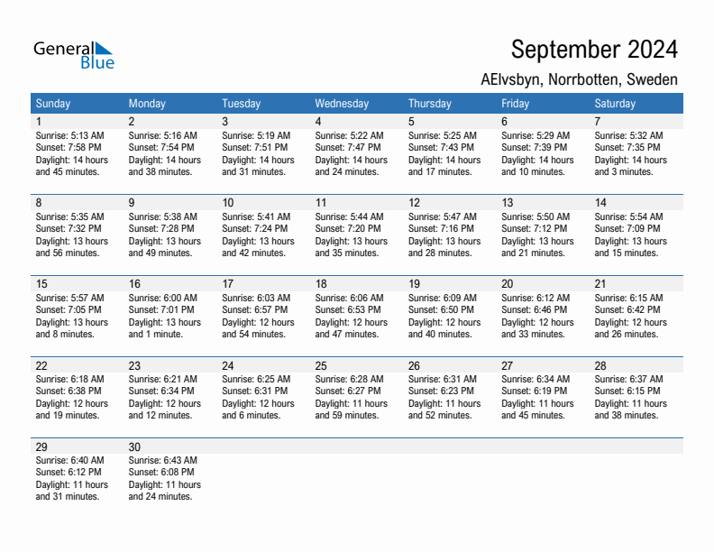 AElvsbyn September 2024 sunrise and sunset calendar in PDF, Excel, and Word