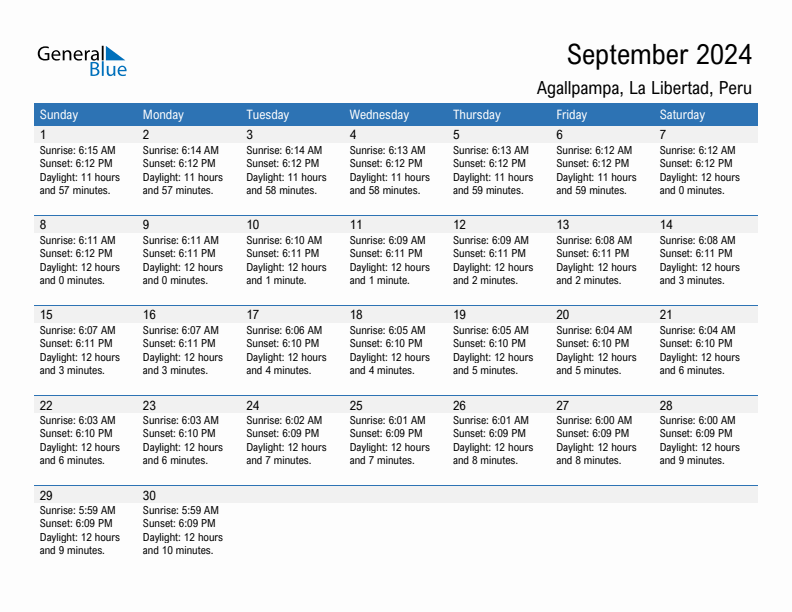 Agallpampa September 2024 sunrise and sunset calendar in PDF, Excel, and Word