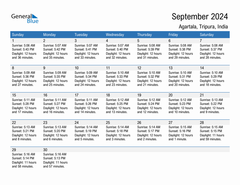 Agartala September 2024 sunrise and sunset calendar in PDF, Excel, and Word