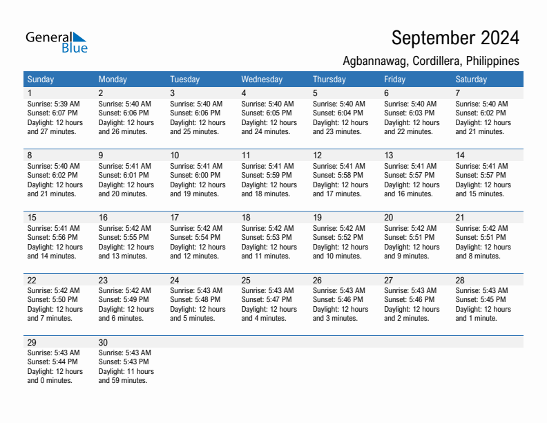 Agbannawag September 2024 sunrise and sunset calendar in PDF, Excel, and Word