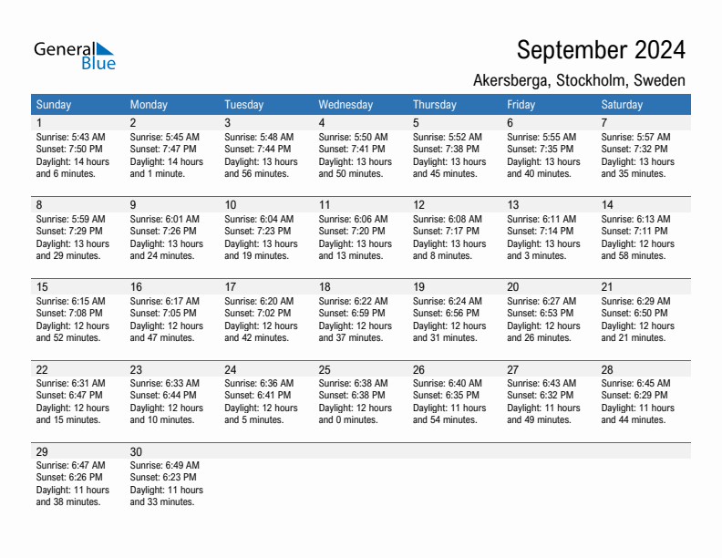 Akersberga September 2024 sunrise and sunset calendar in PDF, Excel, and Word