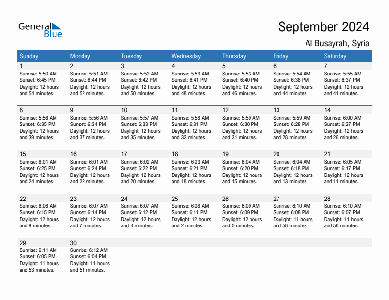 Al Busayrah September 2024 sunrise and sunset calendar in PDF, Excel, and Word