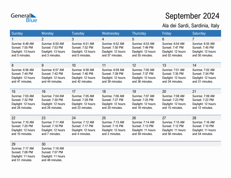 Ala dei Sardi September 2024 sunrise and sunset calendar in PDF, Excel, and Word