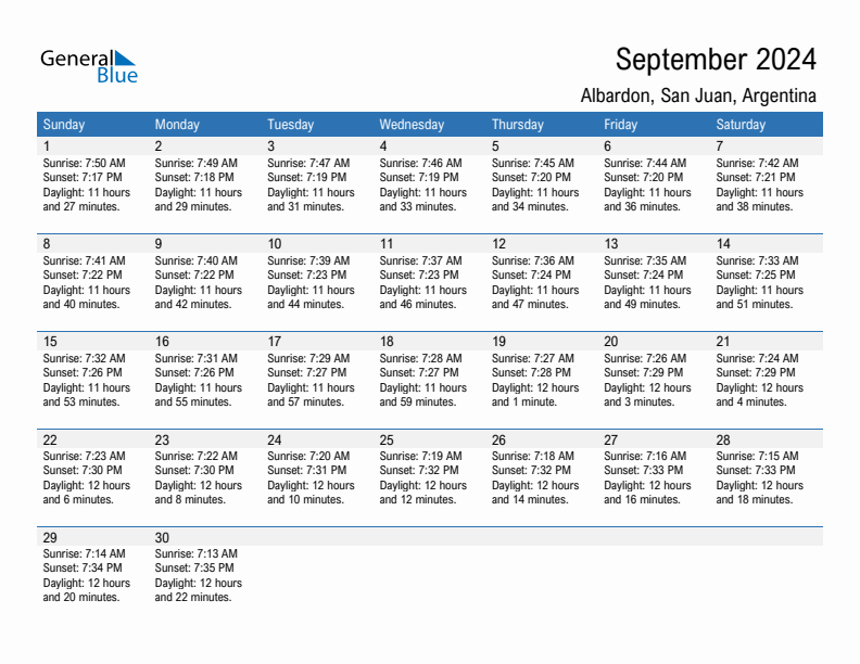 Albardon September 2024 sunrise and sunset calendar in PDF, Excel, and Word