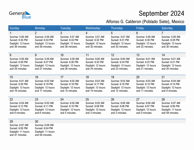 Alfonso G. Calderon (Poblado Siete) September 2024 sunrise and sunset calendar in PDF, Excel, and Word