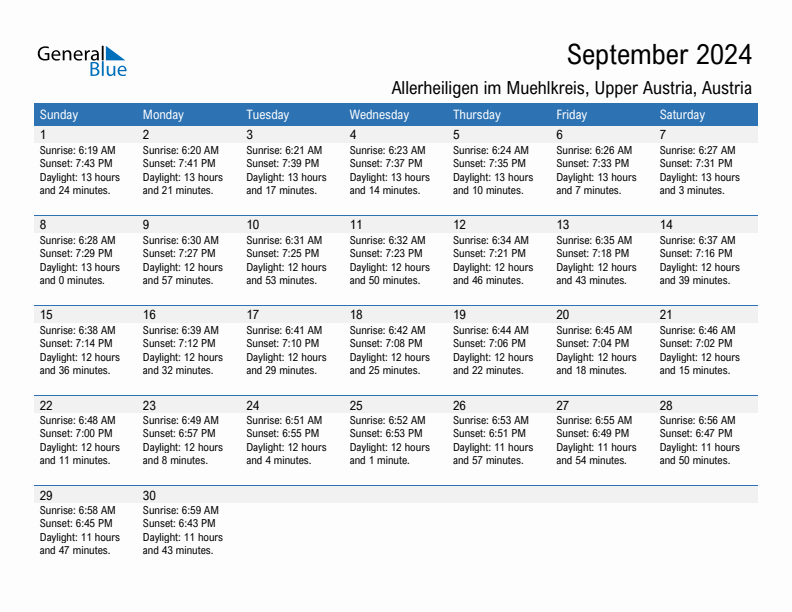 Allerheiligen im Muehlkreis September 2024 sunrise and sunset calendar in PDF, Excel, and Word