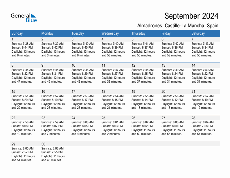 Almadrones September 2024 sunrise and sunset calendar in PDF, Excel, and Word