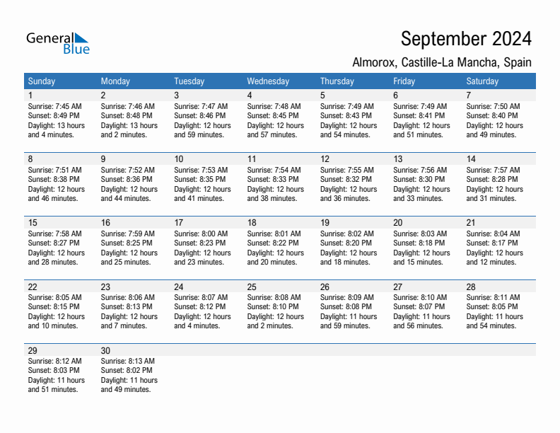 Almorox September 2024 sunrise and sunset calendar in PDF, Excel, and Word