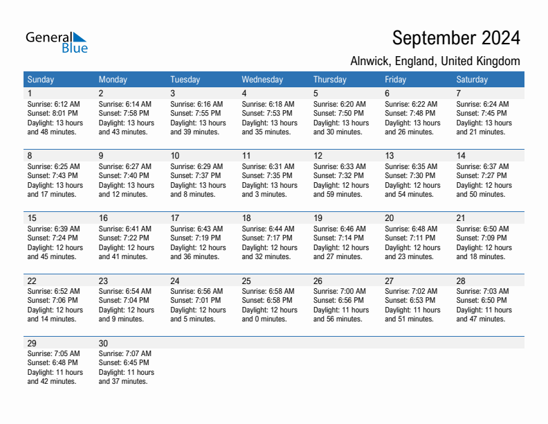 Alnwick September 2024 sunrise and sunset calendar in PDF, Excel, and Word