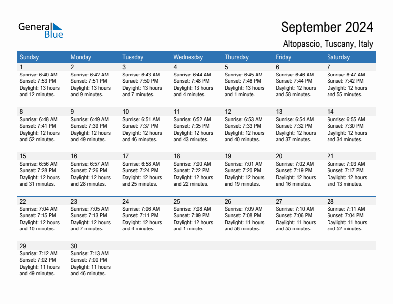 Altopascio September 2024 sunrise and sunset calendar in PDF, Excel, and Word