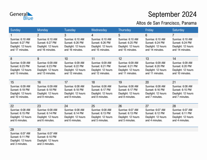 Altos de San Francisco September 2024 sunrise and sunset calendar in PDF, Excel, and Word