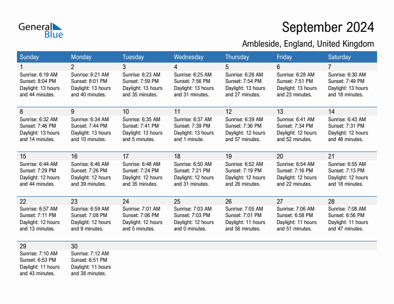 Ambleside September 2024 sunrise and sunset calendar in PDF, Excel, and Word