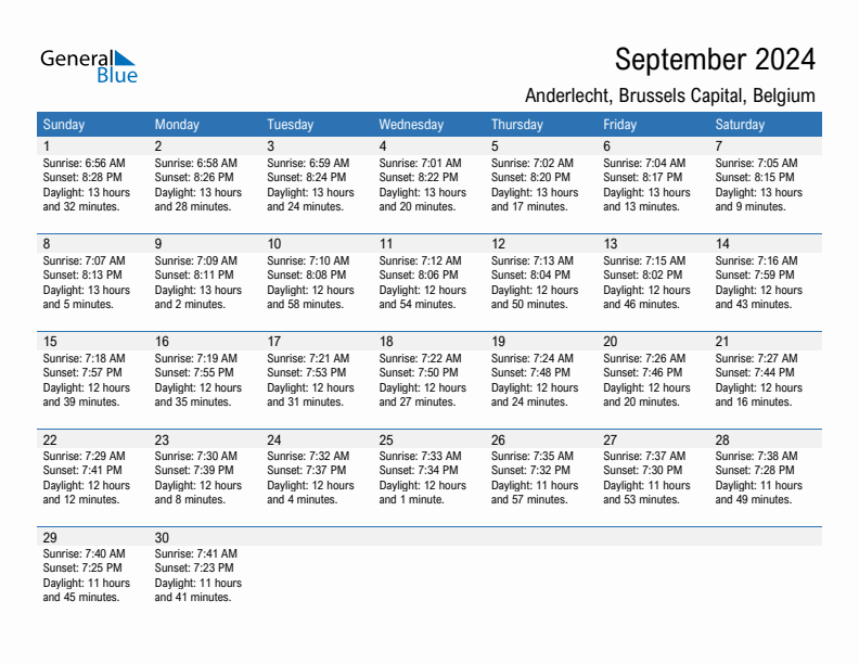 Anderlecht September 2024 sunrise and sunset calendar in PDF, Excel, and Word