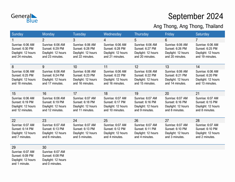 Ang Thong September 2024 sunrise and sunset calendar in PDF, Excel, and Word