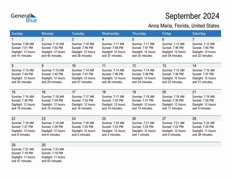 Anna Maria September 2024 sunrise and sunset calendar in PDF, Excel, and Word