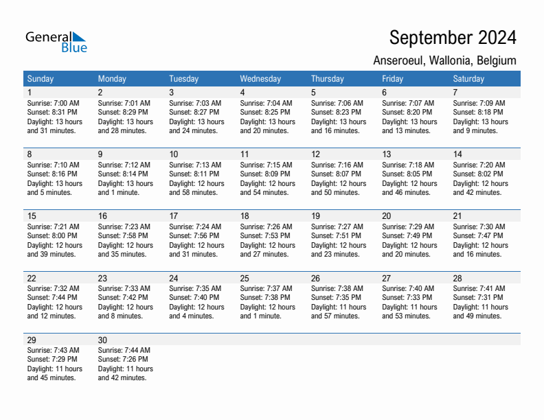 Anseroeul September 2024 sunrise and sunset calendar in PDF, Excel, and Word