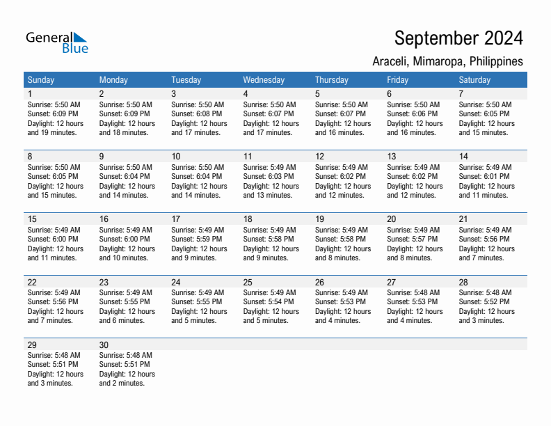 Araceli September 2024 sunrise and sunset calendar in PDF, Excel, and Word