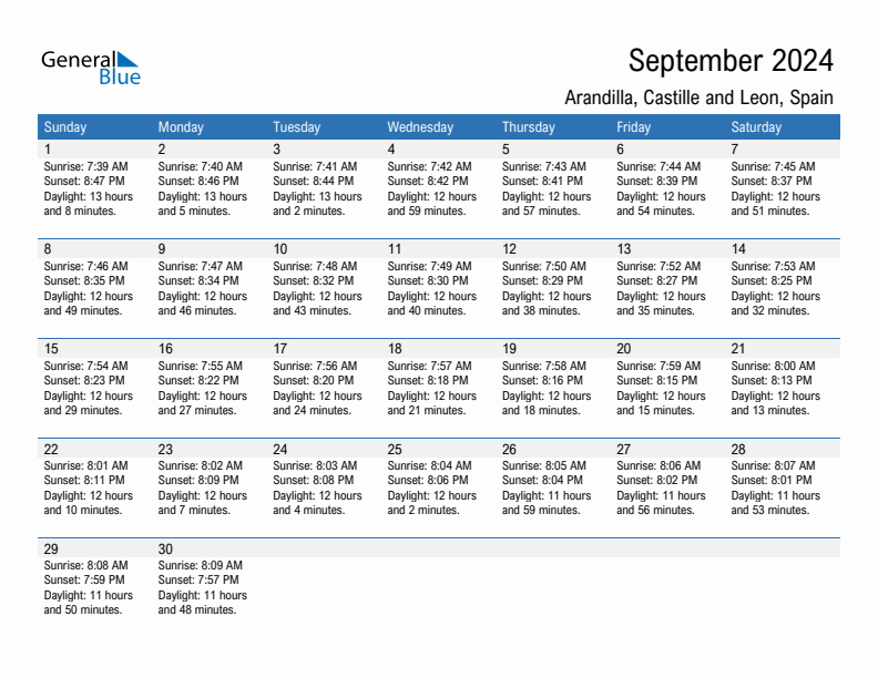 Arandilla September 2024 sunrise and sunset calendar in PDF, Excel, and Word