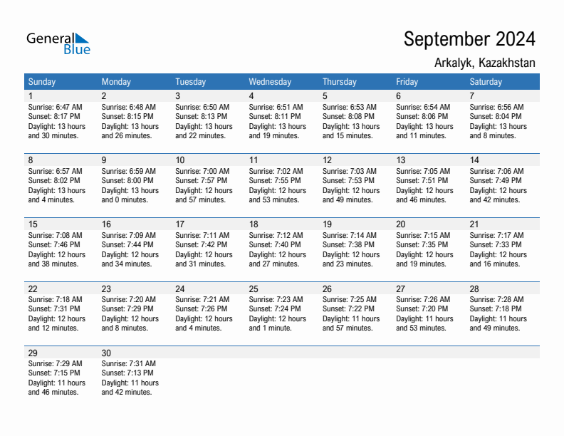 Arkalyk September 2024 sunrise and sunset calendar in PDF, Excel, and Word