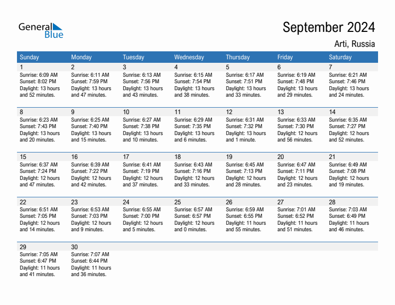 Arti September 2024 sunrise and sunset calendar in PDF, Excel, and Word