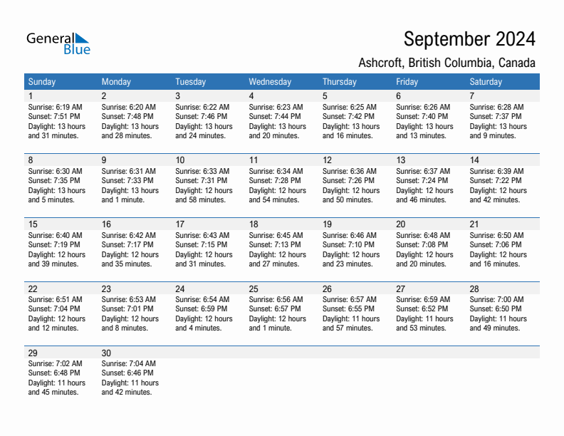 Ashcroft September 2024 sunrise and sunset calendar in PDF, Excel, and Word