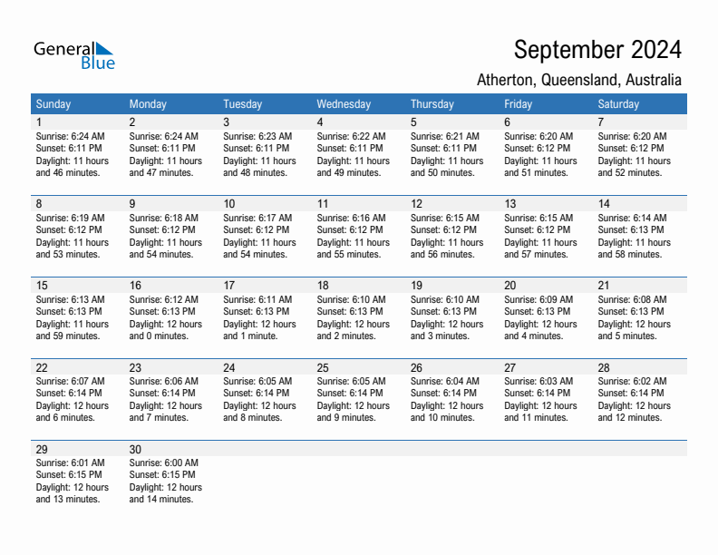 Atherton September 2024 sunrise and sunset calendar in PDF, Excel, and Word