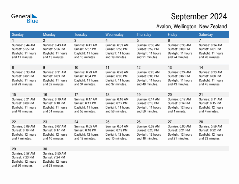 Avalon September 2024 sunrise and sunset calendar in PDF, Excel, and Word