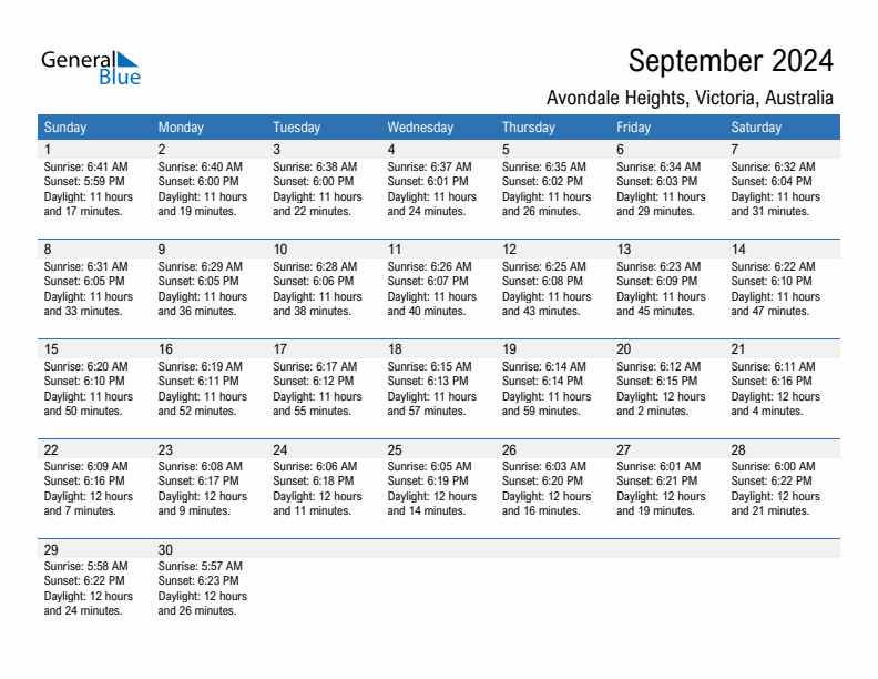 Avondale Heights September 2024 sunrise and sunset calendar in PDF, Excel, and Word