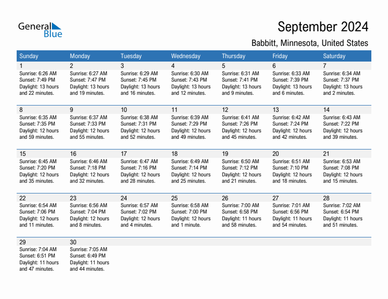 Babbitt September 2024 sunrise and sunset calendar in PDF, Excel, and Word