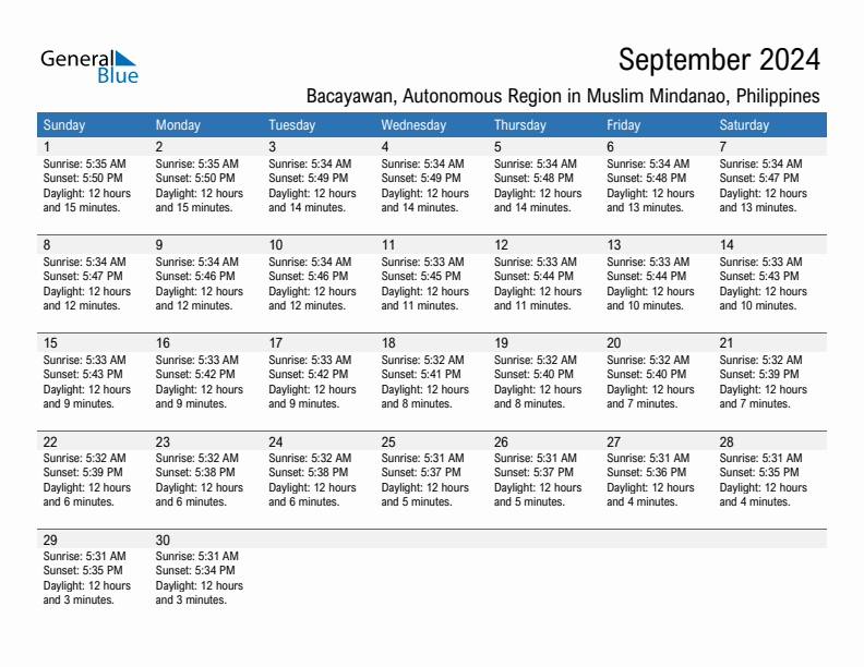 Bacayawan September 2024 sunrise and sunset calendar in PDF, Excel, and Word