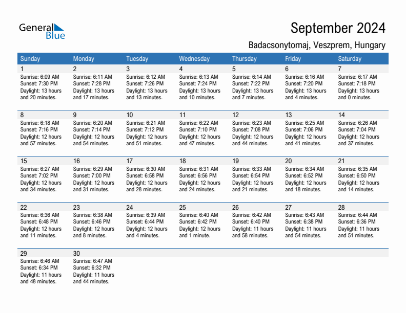 Badacsonytomaj September 2024 sunrise and sunset calendar in PDF, Excel, and Word