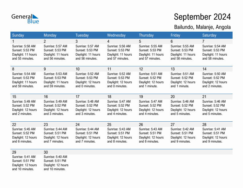 Bailundo September 2024 sunrise and sunset calendar in PDF, Excel, and Word