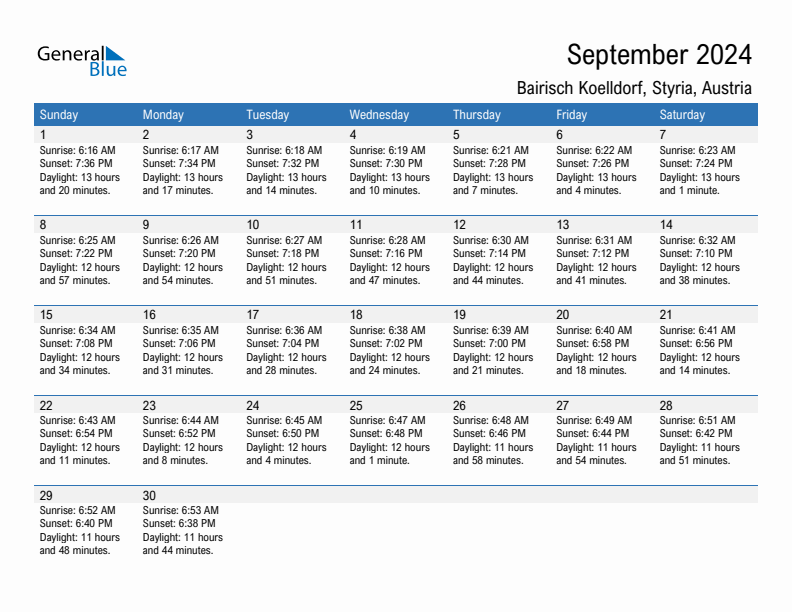 Bairisch Koelldorf September 2024 sunrise and sunset calendar in PDF, Excel, and Word