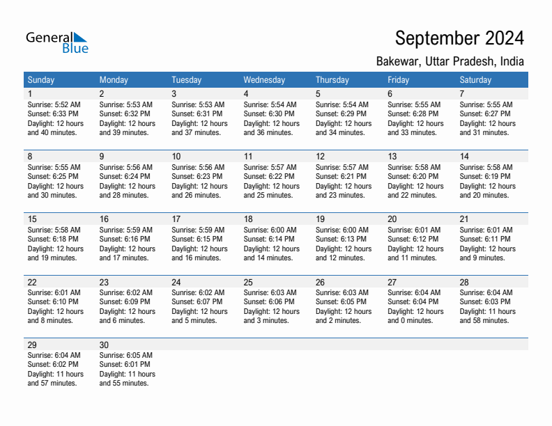 Bakewar September 2024 sunrise and sunset calendar in PDF, Excel, and Word