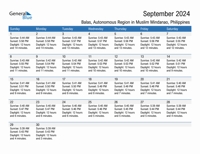 Balas September 2024 sunrise and sunset calendar in PDF, Excel, and Word