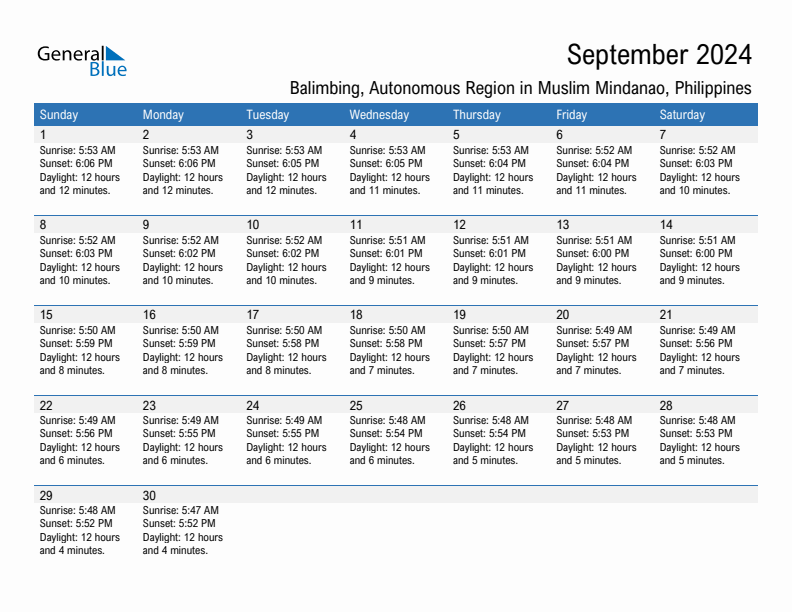 Balimbing September 2024 sunrise and sunset calendar in PDF, Excel, and Word