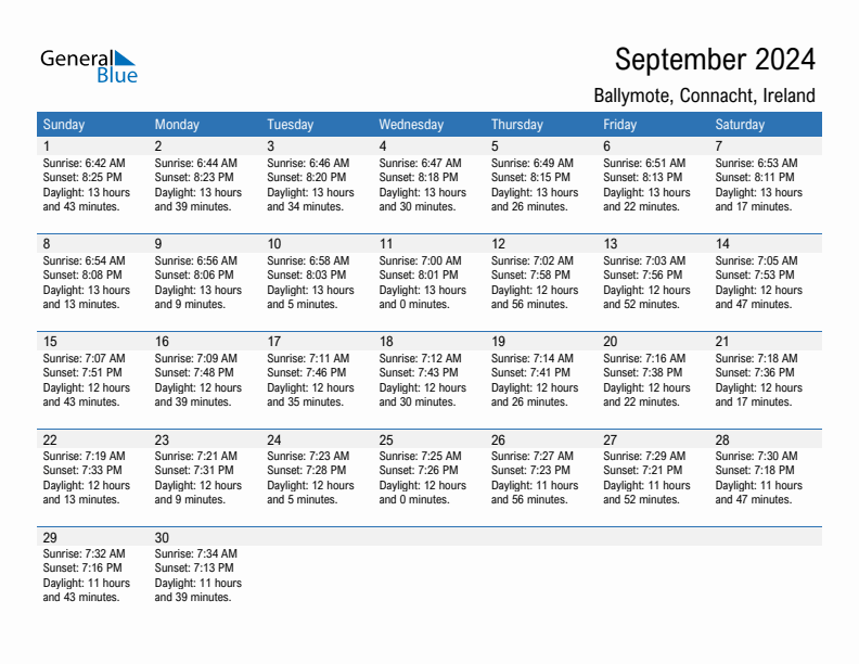 Ballymote September 2024 sunrise and sunset calendar in PDF, Excel, and Word