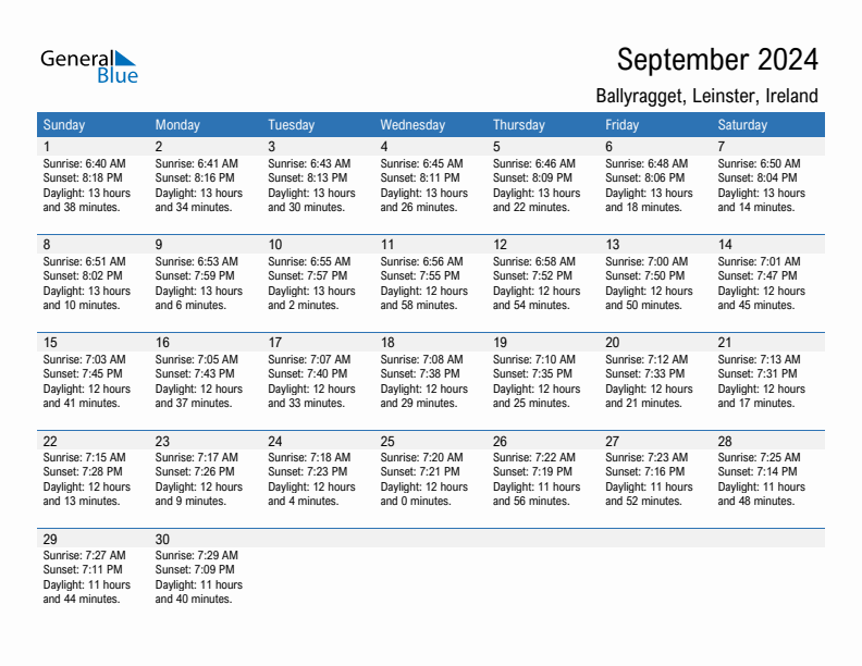 Ballyragget September 2024 sunrise and sunset calendar in PDF, Excel, and Word