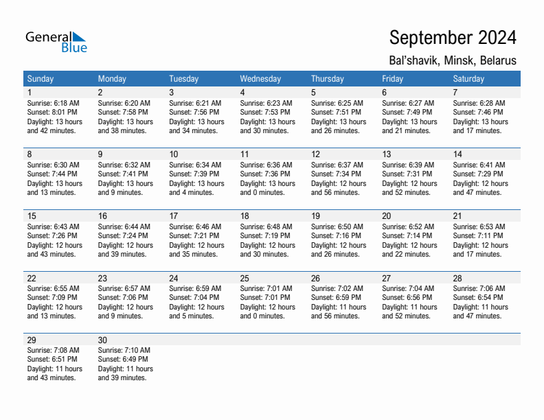 Bal'shavik September 2024 sunrise and sunset calendar in PDF, Excel, and Word