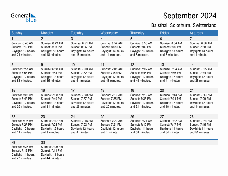 Balsthal September 2024 sunrise and sunset calendar in PDF, Excel, and Word