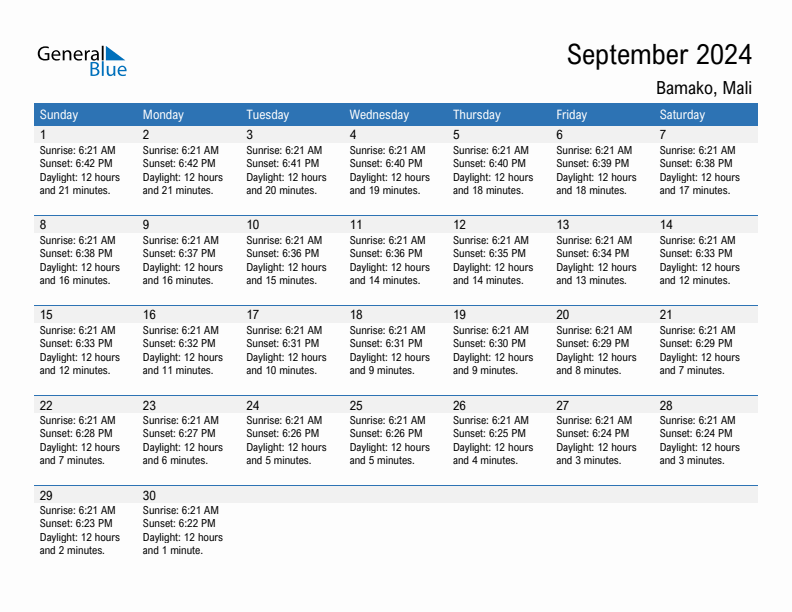 Bamako September 2024 sunrise and sunset calendar in PDF, Excel, and Word