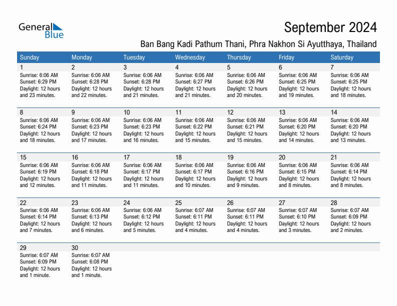 Ban Bang Kadi Pathum Thani September 2024 sunrise and sunset calendar in PDF, Excel, and Word